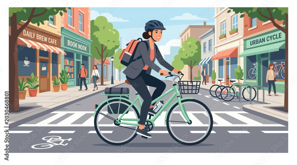 Obraz premium Cyclist navigating urban street scene with pedestrians and buildings nearby illustration
