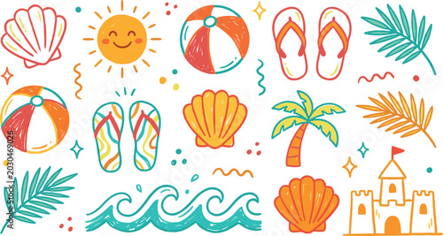 Summer Illustration Featuring Beach and Vacation Scenes in Vector Artwork