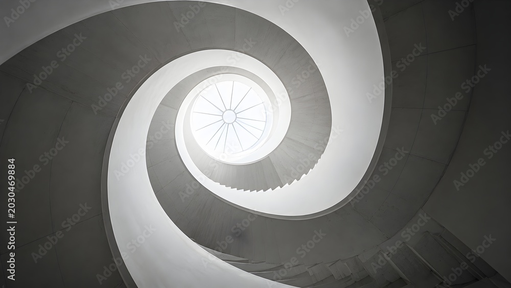 Fototapeta premium Modern White Spiral Staircase Architecture Looking Up to Skylight