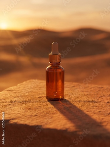 Luxury amber glass dropper bottle with gold cap on sandstone rock against soft golden desert sunrise with sand dunes background