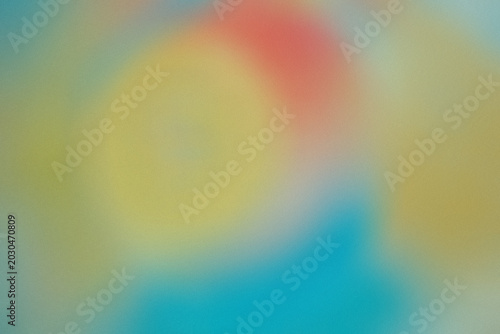 Colorful blurred abstract background with teal, yellow, and coral shapes plus subtle noise, useful for posters, music covers, blogs, digital art, fashion, and creative layouts. Copy space 