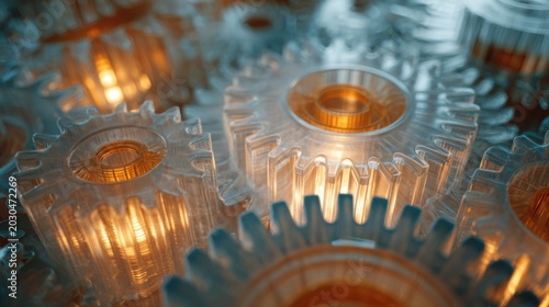Glass Gears Interlocking With Warm Amber Light