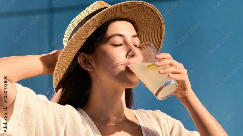 Fototapeta premium Young woman sipping drink in sunny outdoor setting