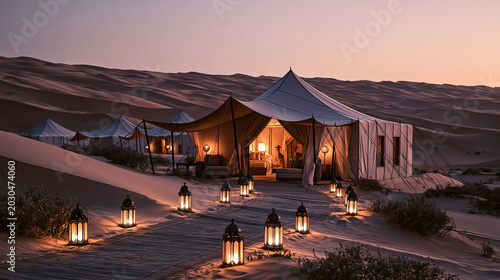 Tent resort illuminated by warm lanterns stands in the middle of a vast sand desert landscape during the evening sunset.