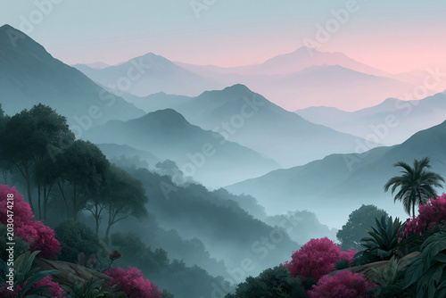 Misty layered mountain watercolor landscape with vibrant foreground foliage for tranquil background and wallpaper design