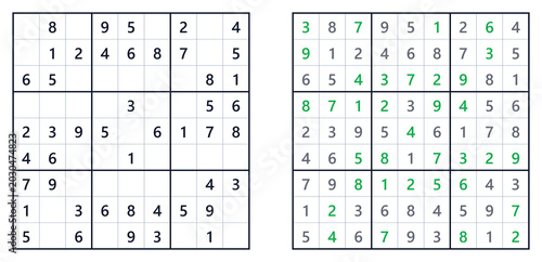 Sudoku solution page with easy level puzzle on white background. Sudoku classics  