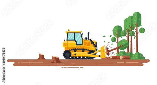 Photos Bulldozer clearing trees and logs in forest, deforestation concept