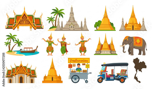 Canvastavla Thailand famous temples and travel landmarks vector illustration set