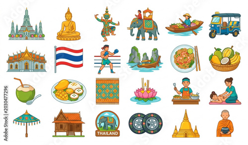 Photos Thailand travel elements and culture landmarks vector illustration set