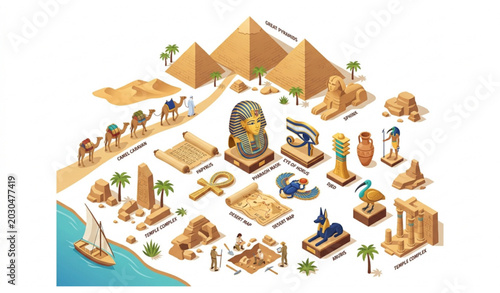 Cuadro en lienzo Ancient Egypt isometric map illustration with pyramids sphinx giza plateau and nile river vector
