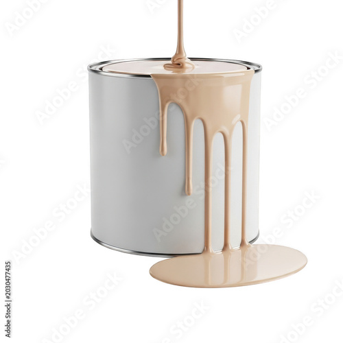Beige paint pouring into a white metal can isolated on transparent background