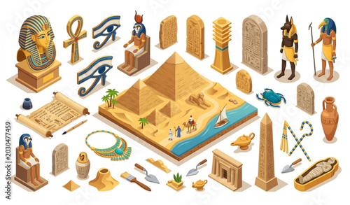 Fotografie Ancient Egypt isometric icons set with pyramids pharaoh bust mummy and egyptian gods vector