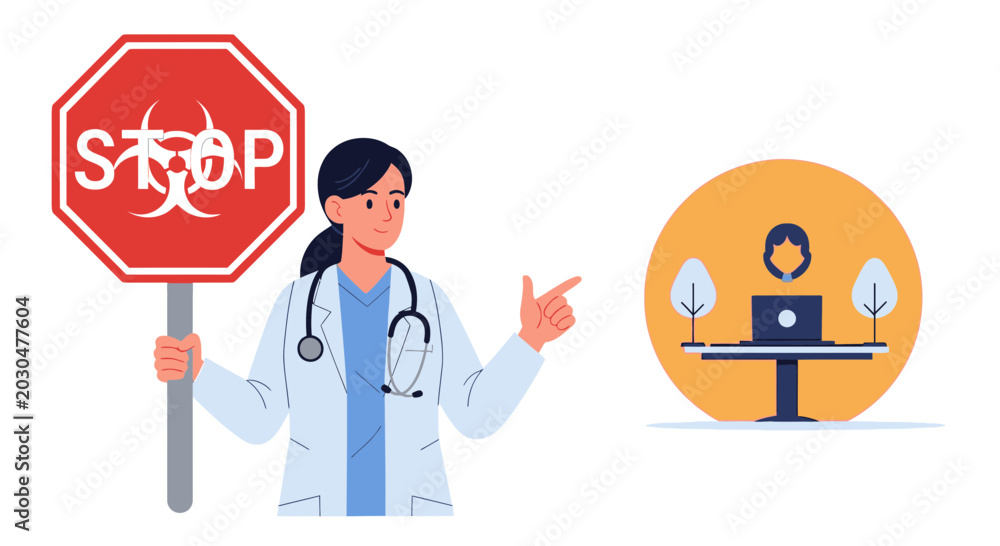 Fototapeta premium Doctor Stops Biohazard Threat, Points to Remote Work Setup