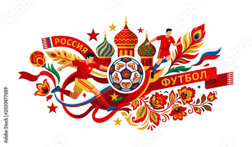 Russian football vector illustration with soccer players and traditional Khokhloma ornaments.