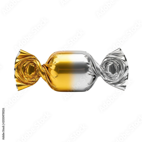 Single candy wrapped in gold and silver foil isolated on transparent background
