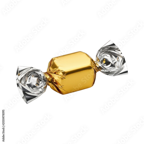 Single candy wrapped in gold foil isolated on transparent background