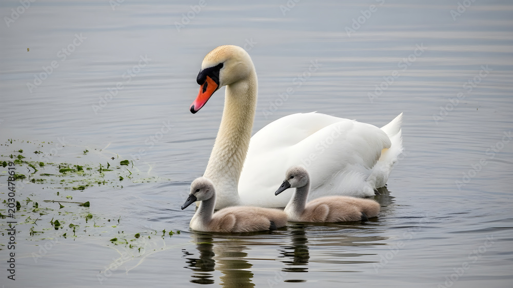 Obraz premium A swan and its cygnets swim together on a lake with water.