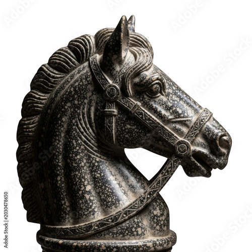 Detailed stone chess knight sculpture isolated on transparent background