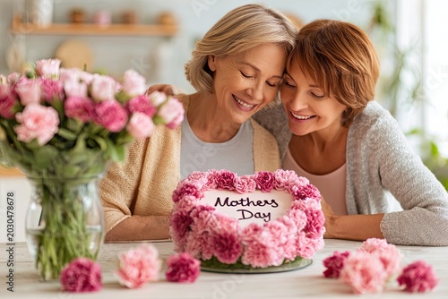 Two loving women embracing near a heart-shaped cake decorated with pink flowers for Mother's Day
