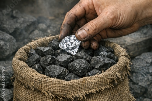 A person holds a small piece of silver in a bag of coal, possibly for safekeeping or as a treasure