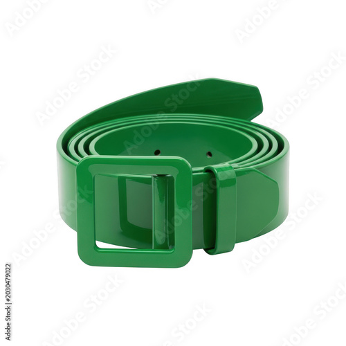 Green patent leather belt with a square buckle isolated on transparent background