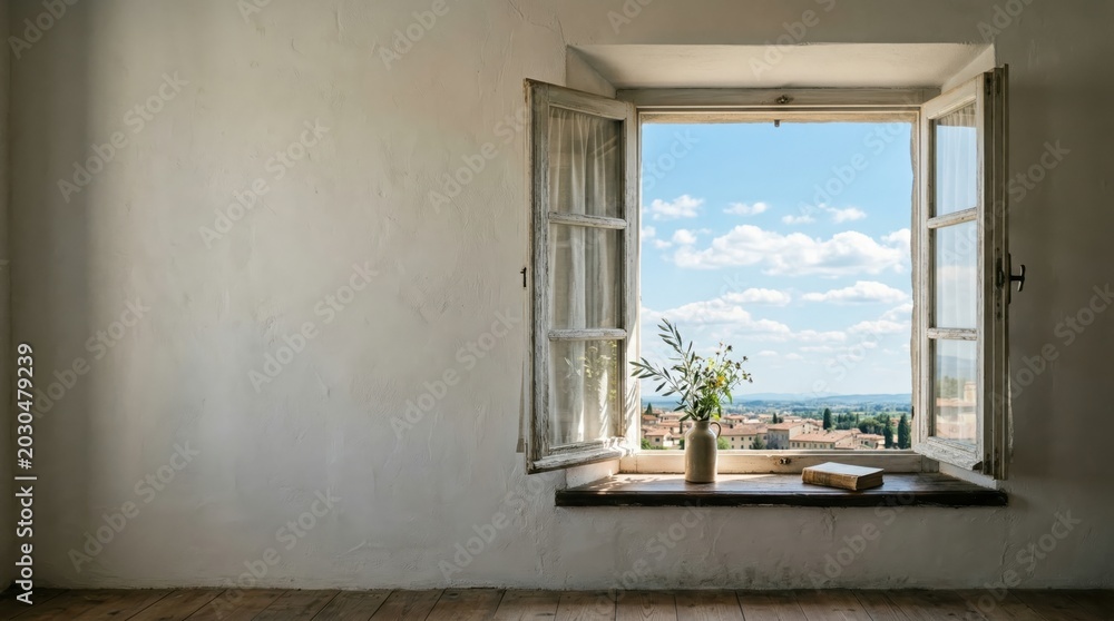 Fototapeta premium Open Rustic Window with Flowers and Book Over Scenic Sky View
