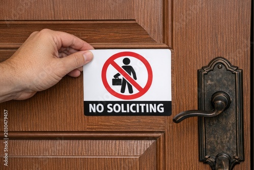 A person holds a 'no soliciting' sign in front of a residential door
