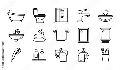 Fotografija Bathroom icon set bathtub toilet shower sink line vector editable stroke