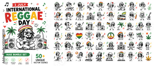 Foto International Reggae Day vector bundle, 50 unique reggae character scenes and ic
