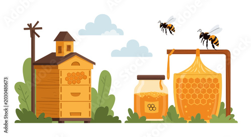 Foto Beehive, Honey Jar, Honeycomb, Bees, Nature Illustration
