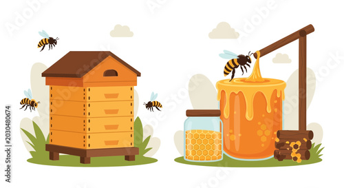 Obraz na plátne Beekeeping and Honey Production Illustration
