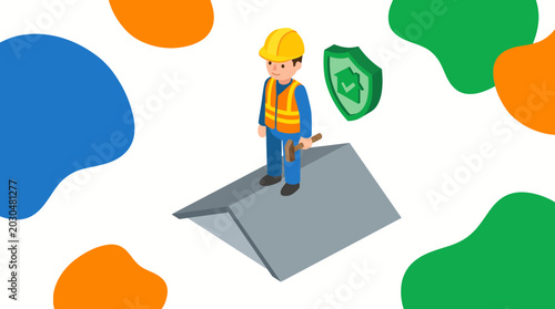 Foto Roofer worker wearing safety helmet and vest standing on top of a roof