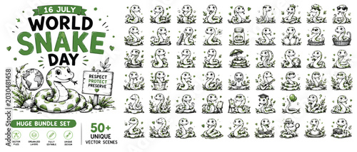 Bilde på lerret World Snake Day bundle with 50 unique vector scenes, hand drawn cartoon snake ch