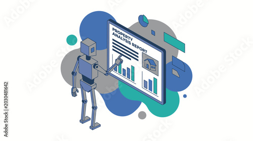 Robot analyzing property data on a digital screen, showcasing artificial intelligence in real estate.