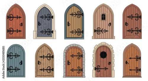 Diverse collection of antique wooden castle doors in various shapes and colors with ornate iron hinges and handles.