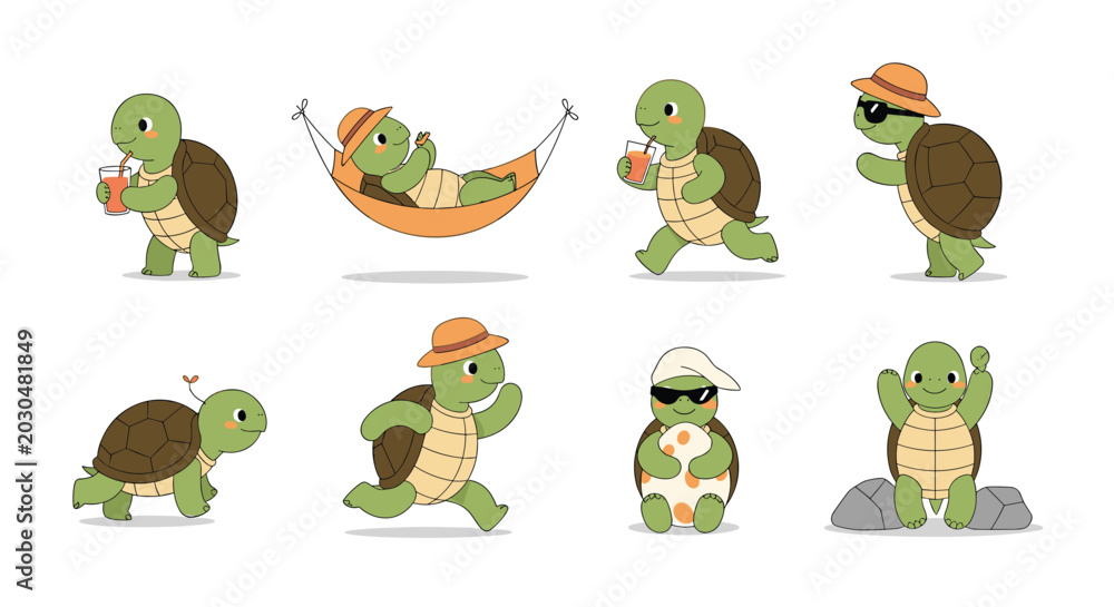 Fototapeta premium Adorable set of turtle characters participating in various leisure and sports activities on a white background.