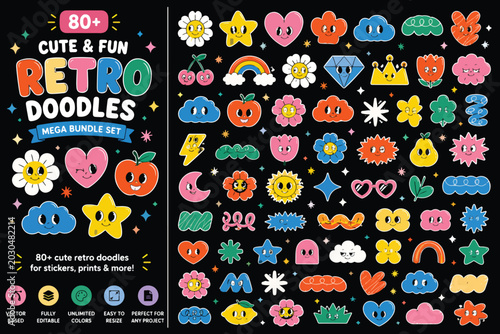 Foto Retro doodles mega bundle set, 80 plus cute and fun cartoon characters, colorful
