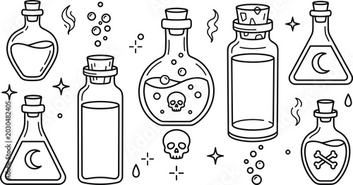 Obraz na płótnie Minimalist magic potion bottle line art set featuring poison skull moon flask ma