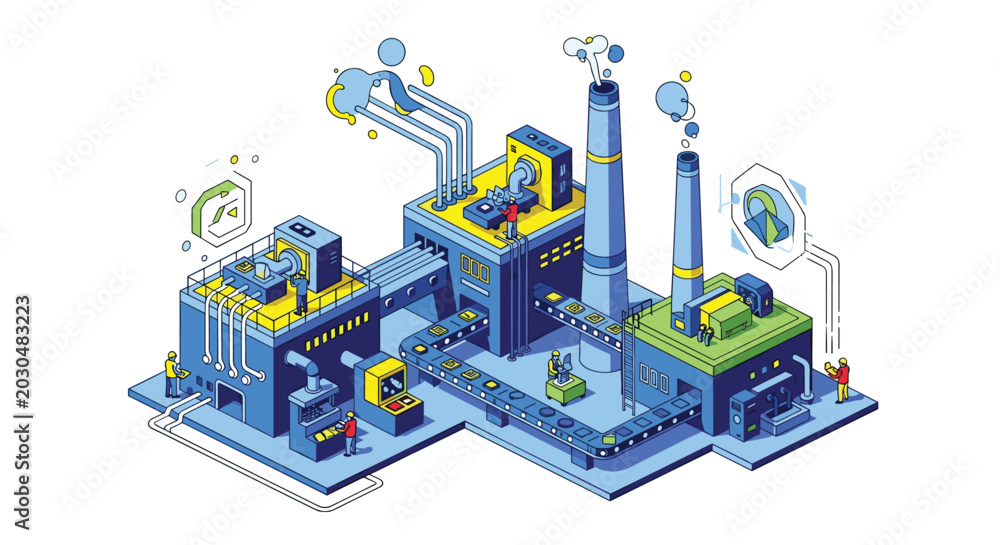 Fototapeta premium Detailed isometric illustration of a large industrial factory complex with blue buildings yellow pipes and busy workers.