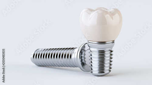 A dental implant and screw on a white background for medical purposes