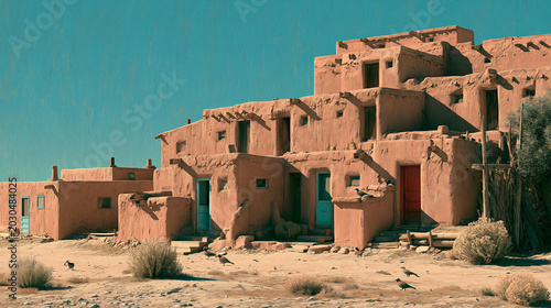 A traditional mud houses village in the desert under a clear blue sky