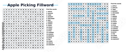 Apple picking word search puzzle with highlighted words  