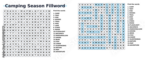 Camping season word search puzzle with hidden words and grid  
