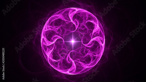 Tableau sur toile Radiant violet energy sphere featuring central star pulse and complex swirling fractal plasma ribbons isolated against deep black background for digital art projects