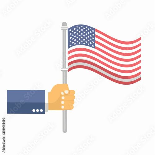A flat vector illustration of a hand holding a waving American flag on a flagpole, symbolizing patriotism and national pride.