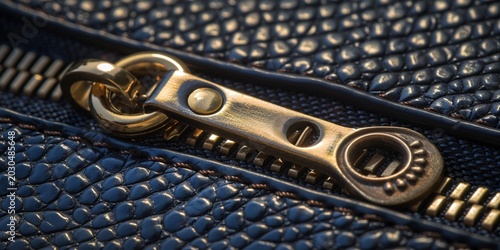 Close-Up of Bronze Zipper on Navy Blue Fabric