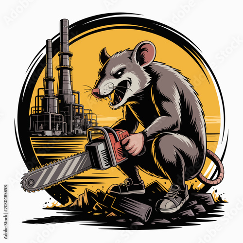Foto angry mouse with chainsaw industrial.