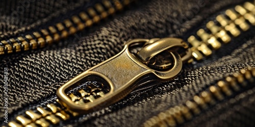 Close-Up of Gold Zipper on Black Fabric