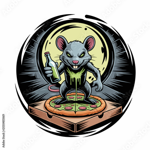 Foto Cartoon mouse eating pizza slice fast.