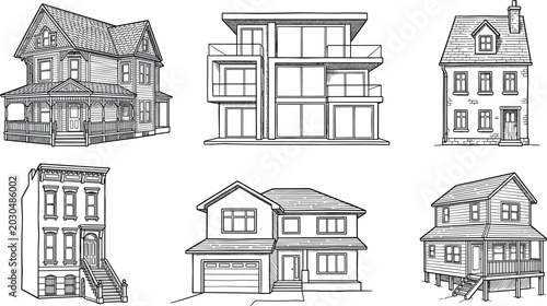 Canvastavla Architectural House Styles Line Art Vector Set Featuring Victorian Villa Modern